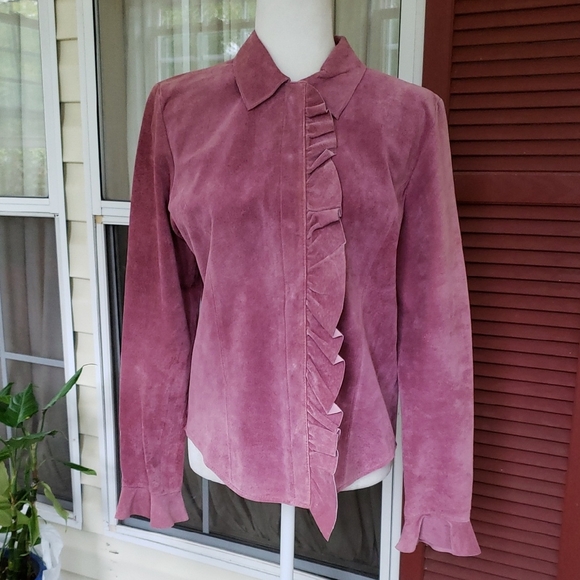 MARGARET GODFREY Women's Dark  Pink Suede Leather Western Ruffled Jacket - Picture 1 of 9